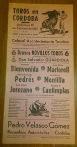 Tauromaquia: CARTEL TOROS CORDOBA 10 FEBRERO 1963. BIENVENIDA, PEDRES, JEREZANO, MARTORELL, MONTILLA Y CANTIMPLAS